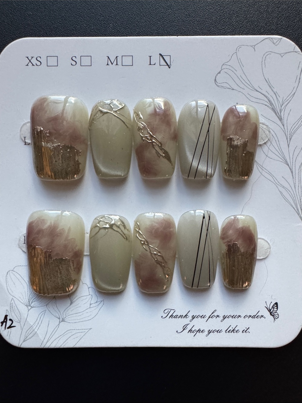 Neutral Marble Press-On Nails with Gold Foil Accent